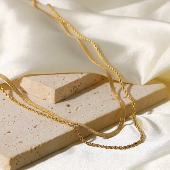 18k Gold Snake Chain & Rope Chain Layered Necklace Minimalist Layer Necklace - Picture 3 of 6